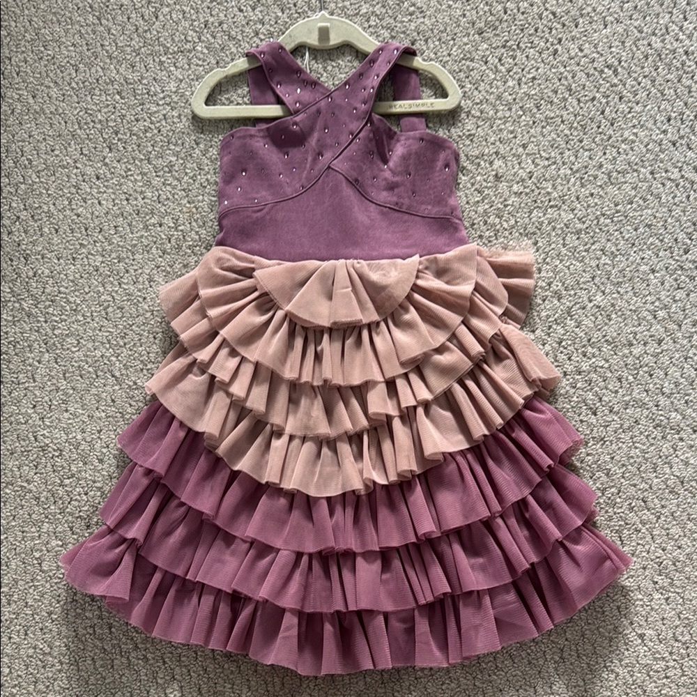 Elegant Layered Kids Dress in Purple and Pink
